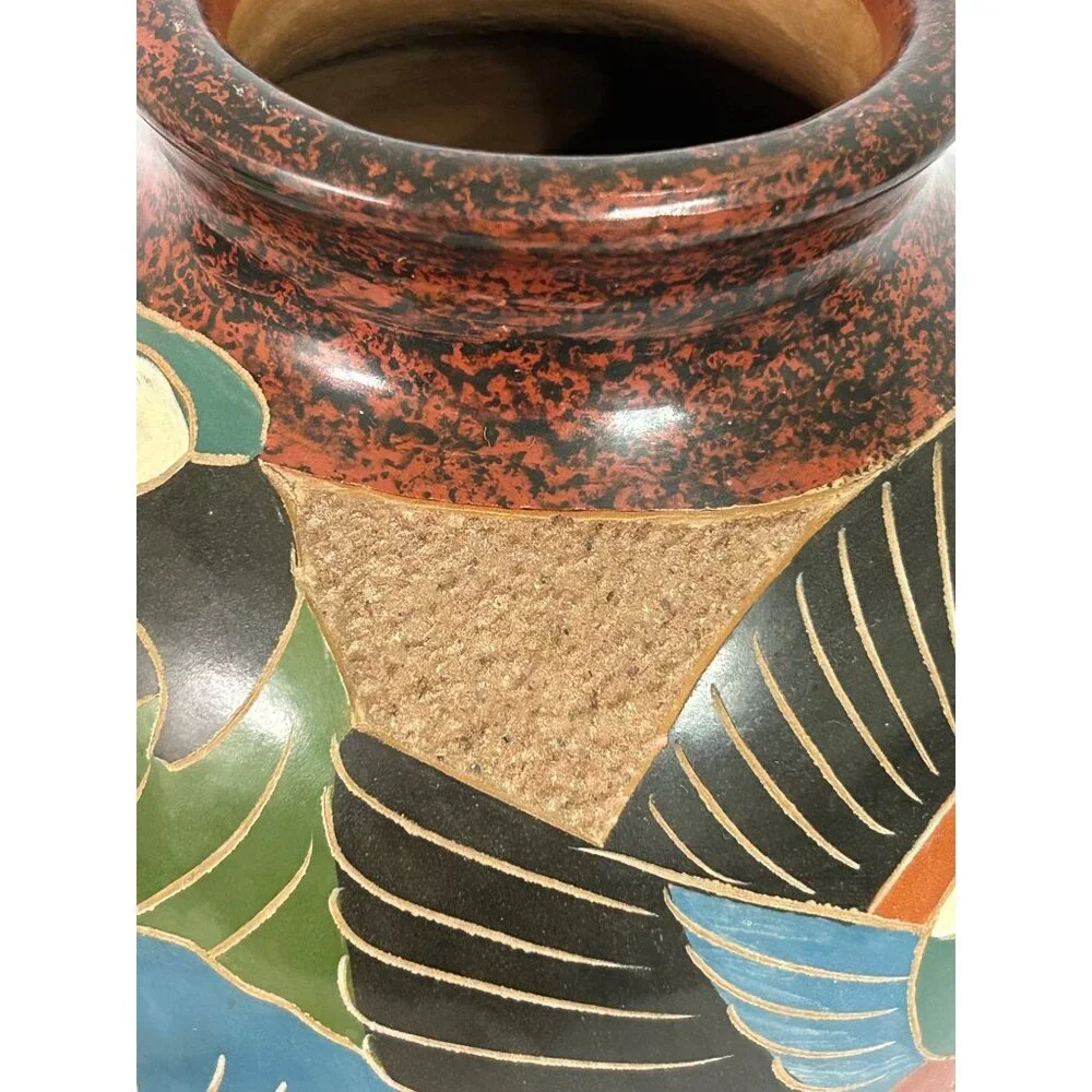 Handcrafted Ceramic Folk Art Vase Parrot & Fish Design Green Blue Red Cost Rica - Picture 8 of 10